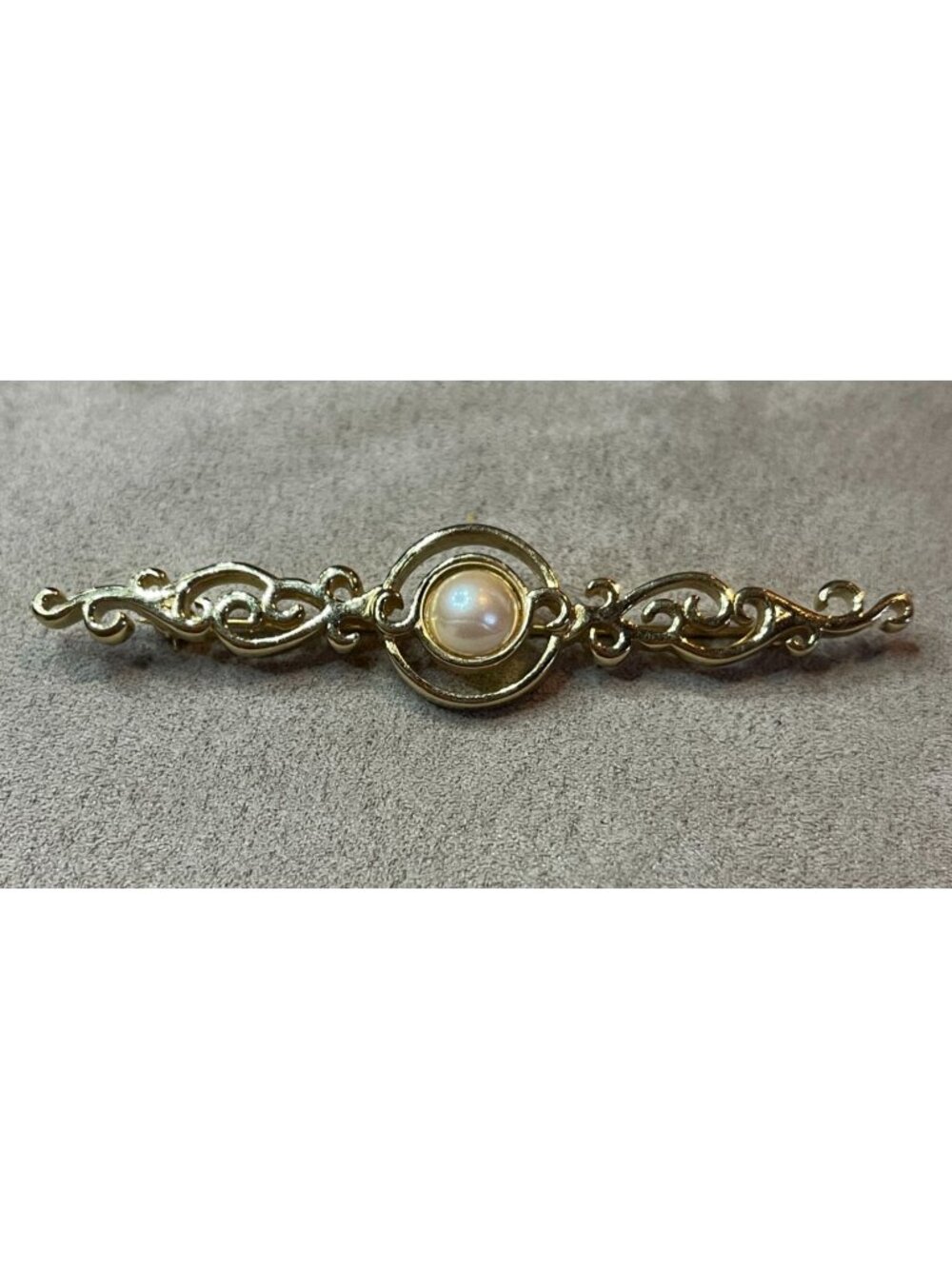 Vintage 70s Monet Gold Tone Faux Pearl Cabochon Open Work Bar Brooch